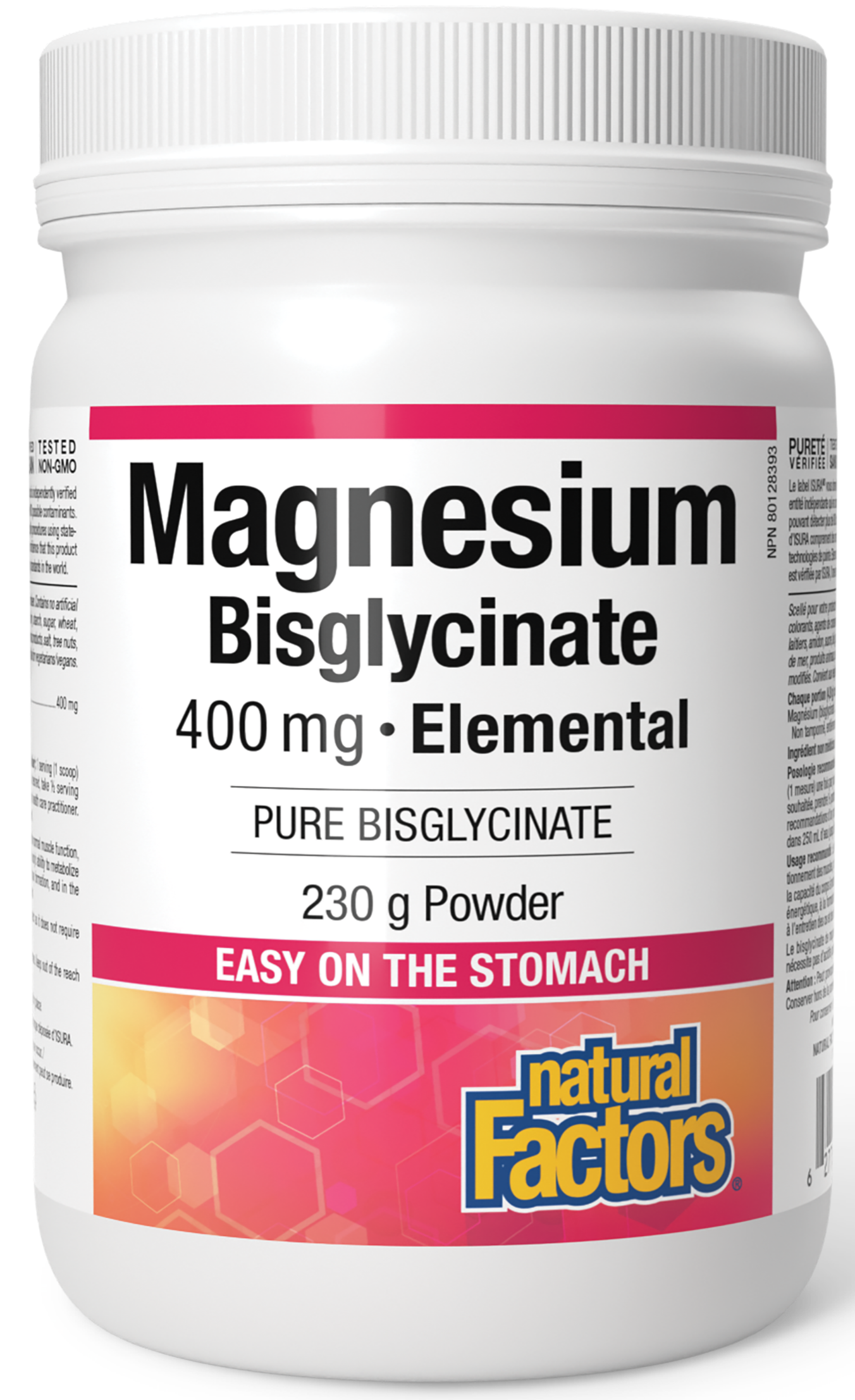 Container of Magnesium Bisglycinate supplement by Natural Factors on a white background
