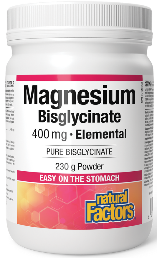 Container of Magnesium Bisglycinate supplement by Natural Factors on a white background