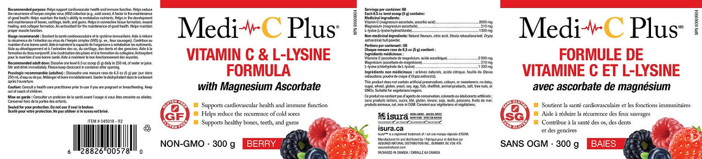 Medi-C - Vitamin C &amp; L-Lysine with Magnesium Ascorbat (Berry - 300 gr)